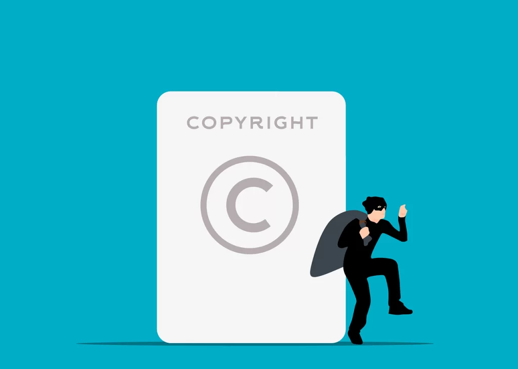 Image of a thief carrying a sack in front of a copyright symbol, indicating theft. 